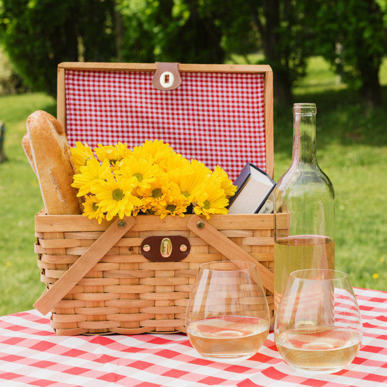 August Grove® Gingham Lined Woodchip Picnic Basket, Service for 2 Wayfair